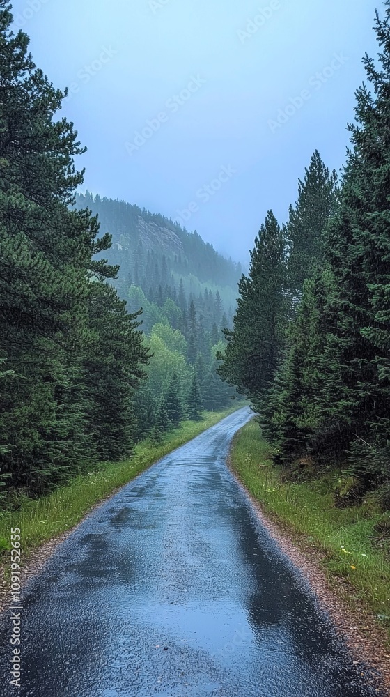 Fototapeta premium Serene road through misty forest landscape.