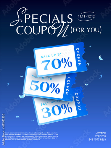 3d special triple coupons with coupon code, percent price off, isolated on gradient deep blue background with confetti effect. Gift voucher banner template in 3d vector. Vector illustration