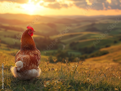 A free range chicken in an open field at sunset. photo