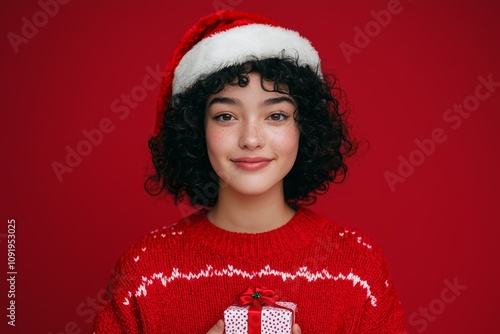 Smiling girl wearing Santa hat and sweater photo