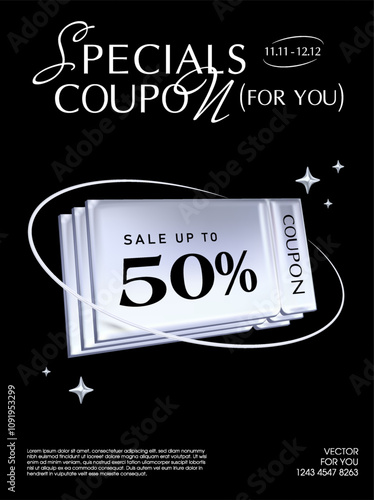 3d Black Friday coupon stack with coupon code, percent sale off, isolated on dark background. Gift voucher banner template with shining effect in 3d vector. Vector illustration