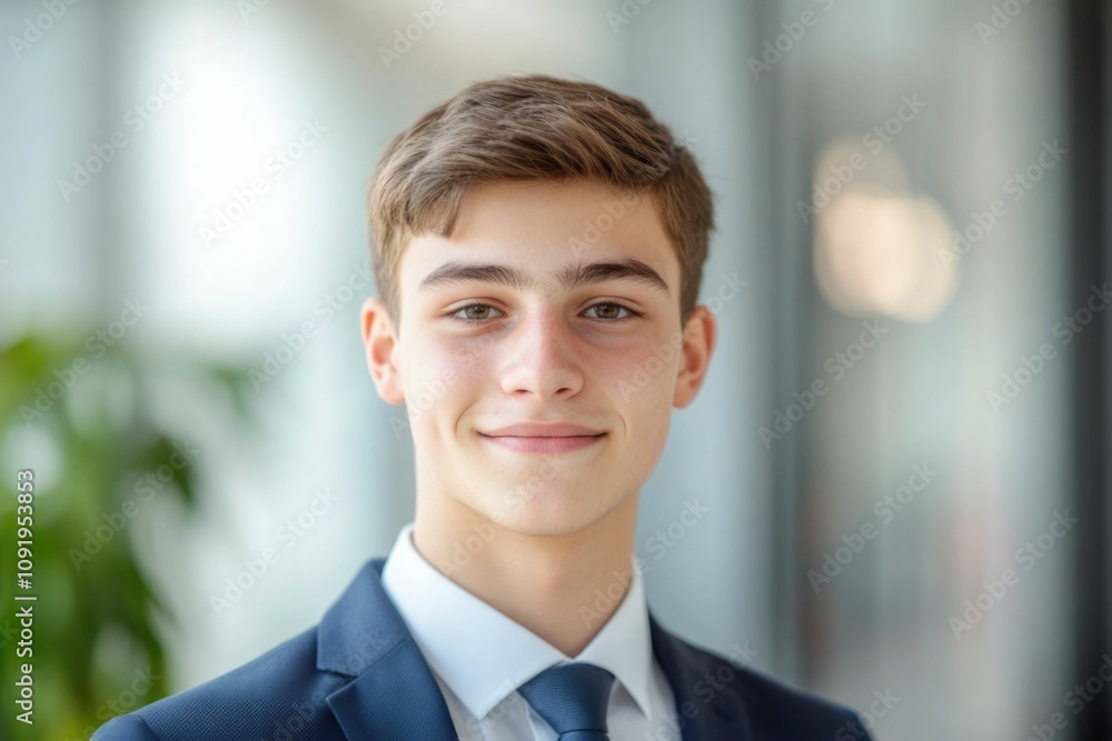Close-up headshot Confident European young man, good looking young man, middle aged leader, male businessman CEO on blurred office background. Handsome young European businessman smiles at the camera Close-up headshot Confident European young man, good looking young man, middle aged leader, male businessman CEO on blurred office background. Handsome young European businessman smiles at the camera