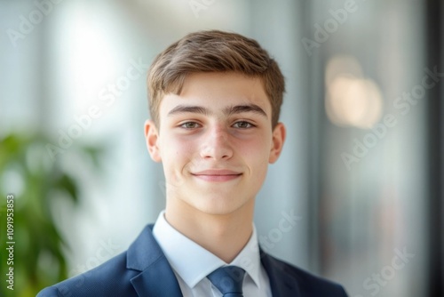 Close-up headshot Confident European young man, good looking young man, middle aged leader, male businessman CEO on blurred office background. Handsome young European businessman smiles at the camera