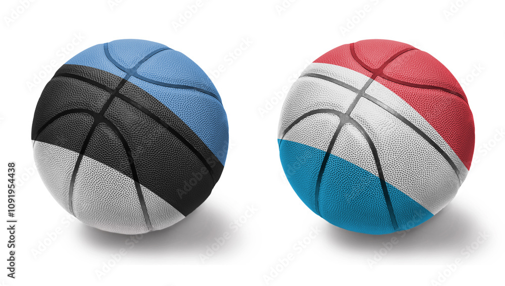 Fototapeta premium basketball balls with the national flags of luxembourg and estonia on the white background.