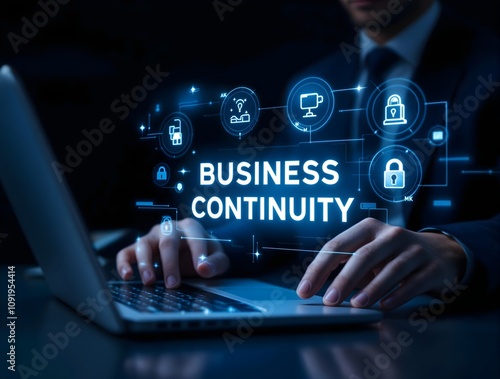 Business continuity management concept. Business Continuity with icons strategy, risk assessment, and operational planning. Background, business continuity planning and resilience in managing disrupti