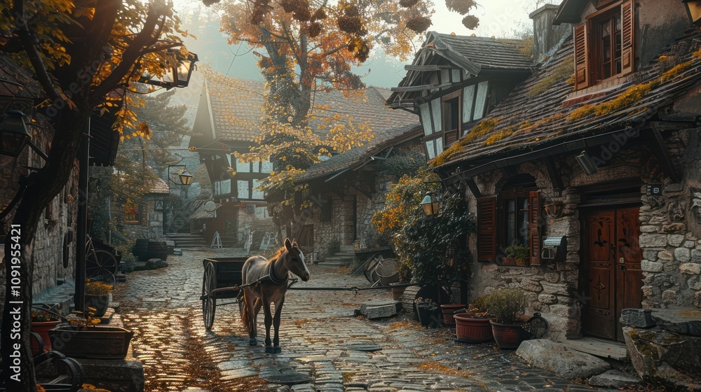 Naklejka premium Horse-drawn cart on cobblestone street in autumnal village.