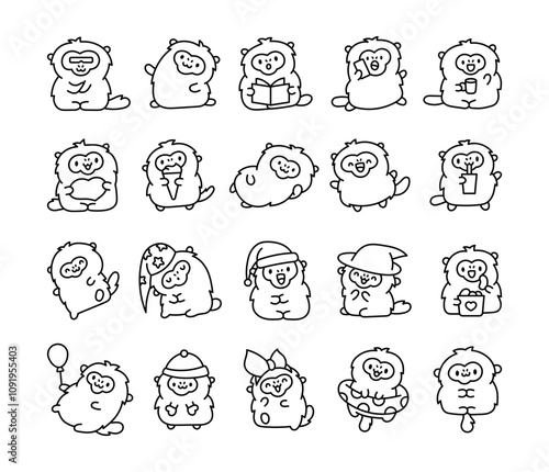 Set of cute kawaii golden snub nosed monkey cartoon characters for kids design with funny adorable furry animals in outline vector style illustrations bundle pack collection