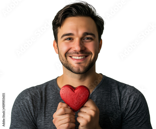 Smiling man holding red heart on white background, PNG transparent.