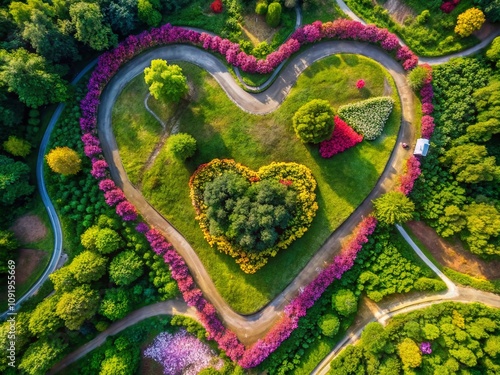 Aerial View of Heart-Shaped Landscape with Messages of Love and Longing Captured in Nature’s Beauty, Ideal for Expressing Deep Emotions of 'I Love You' and 'I Miss You' photo