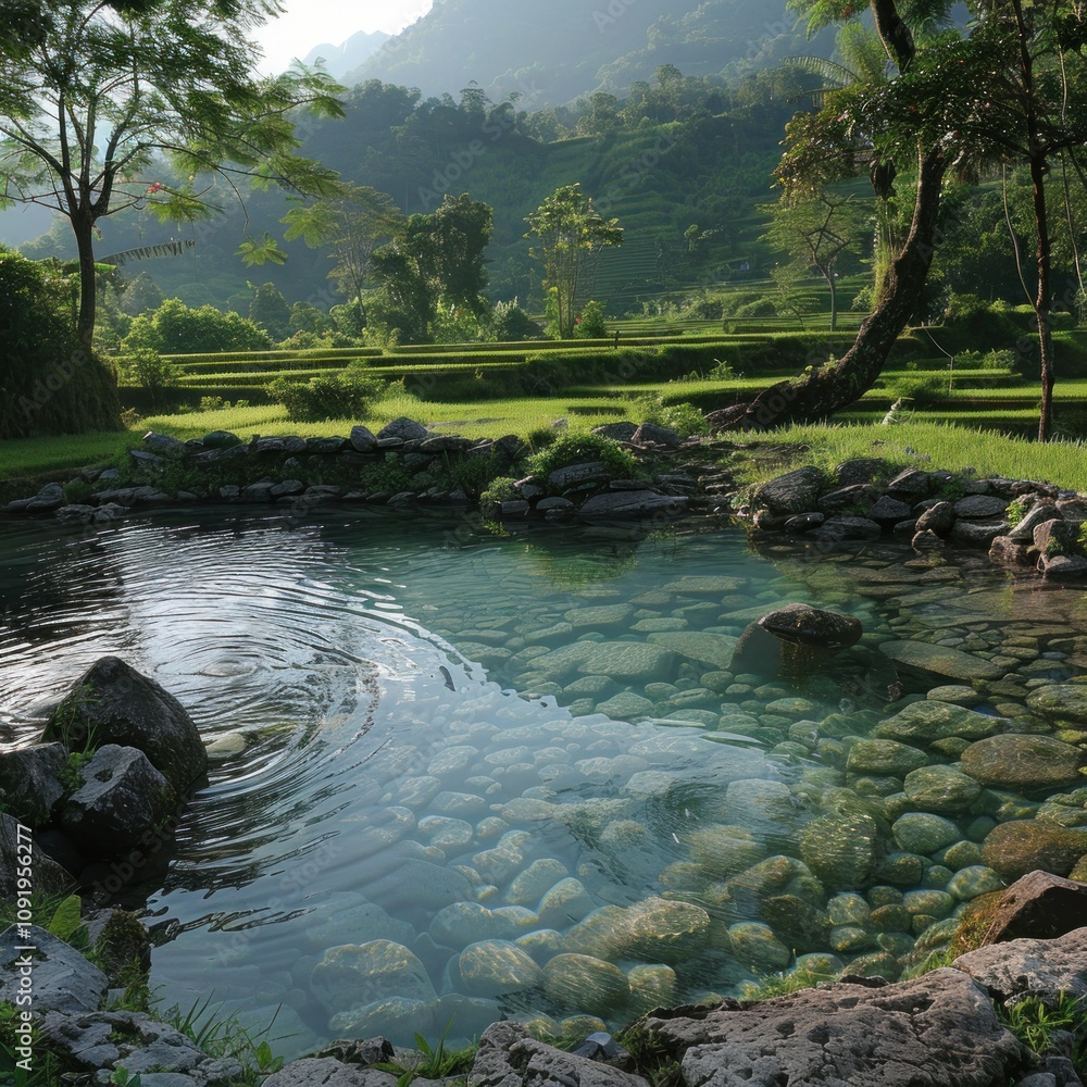 Fototapeta premium Serene mountain spring pool with clear water, surrounded by lush greenery and rocks.