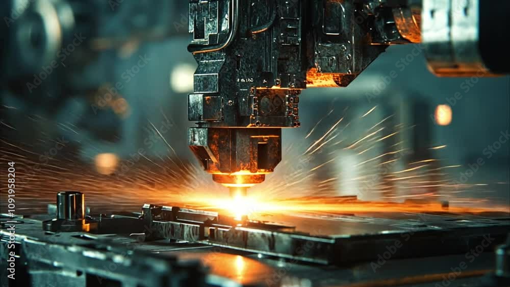 Closeup, welding or robotics in engineering, automation or industrial production in metallurgy plant. Technology, sparks or machinery in electronic Closeup, welding or robotics in engineering, automation or industrial production in metallurgy plant. Technology, sparks or machinery in electronic