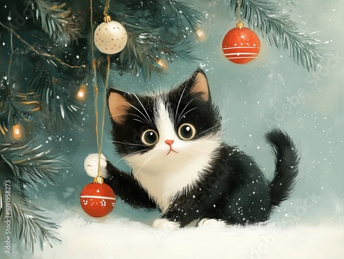 black and white cat playing with Christmas baubles under fir tree. Cute winter holiday greeting card