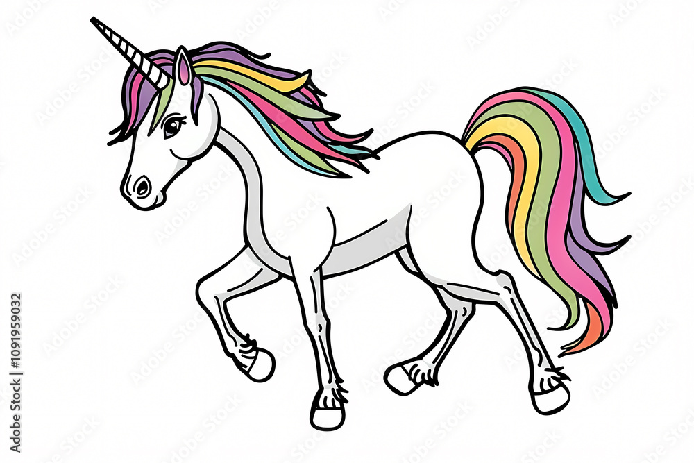 A whimsical unicorn with a rainbow mane prancing joyfully, embodying fantasy and magic. A whimsical unicorn with a rainbow mane prancing joyfully, embodying fantasy and magic.