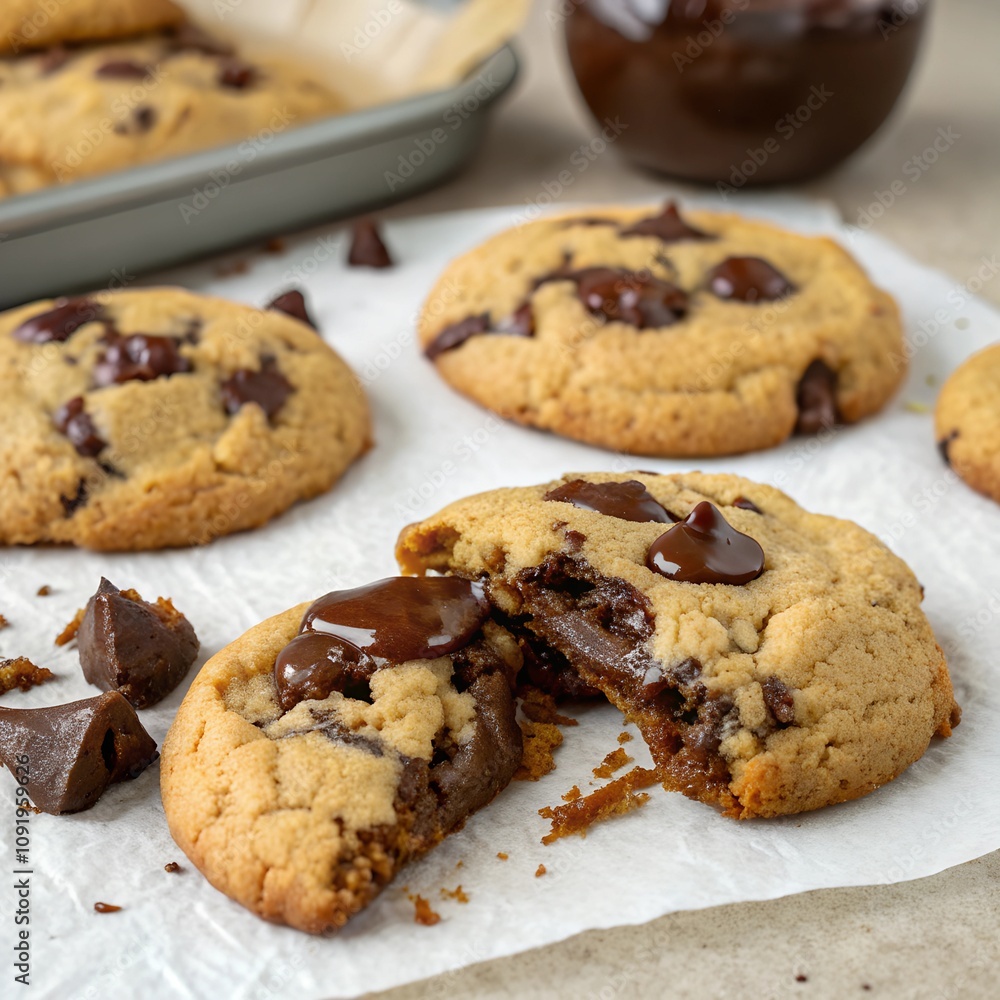A pile of freshly baked cookies against the backdrop of an old cookbook and ingredients. Appetizing background with fresh baked goods. Concept of cookie day in the USA. A pile of freshly baked cookies against the backdrop of an old cookbook and ingredients. Appetizing background with fresh baked goods. Concept of cookie day in the USA.