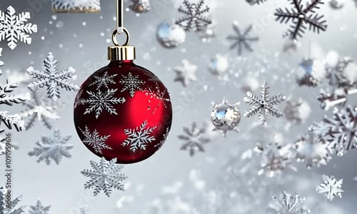 Christmas background with red balls and snowflakes. 