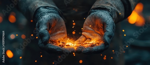 A pair of gloved hands cupped together, holding a small amount of burning embers, with sparks flying out. photo