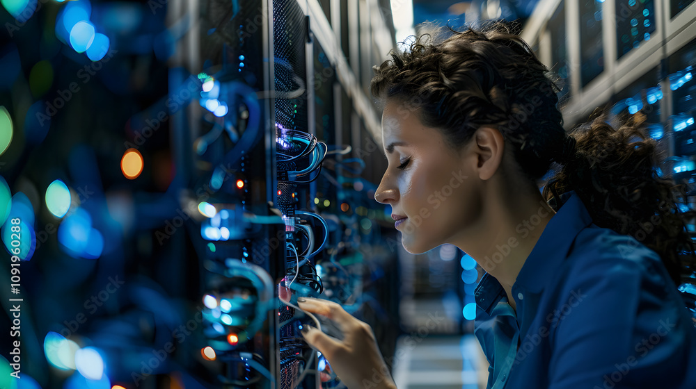 woman, cable, and engineer investigate cloud computing in server room. it, wire and technician in data center, networking in maintenance, or system admin cybersecurity with a white accent, 