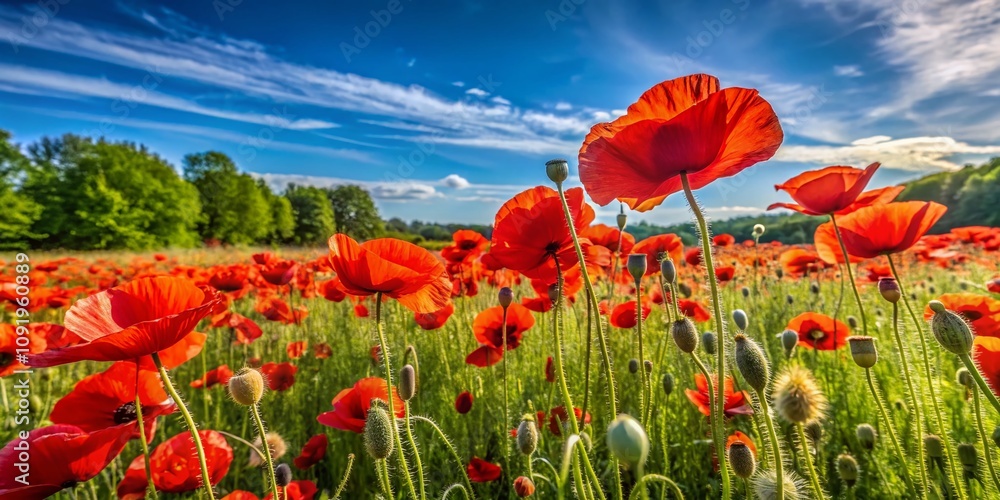 Fototapeta premium Aerial View of Vibrant Common Poppy Flowers (Papaver Rhoeas) and Their Seed Heads in a Lush Green Field during Springtime
