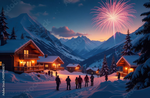 greeting card winter evening in the village and new year fireworks photo