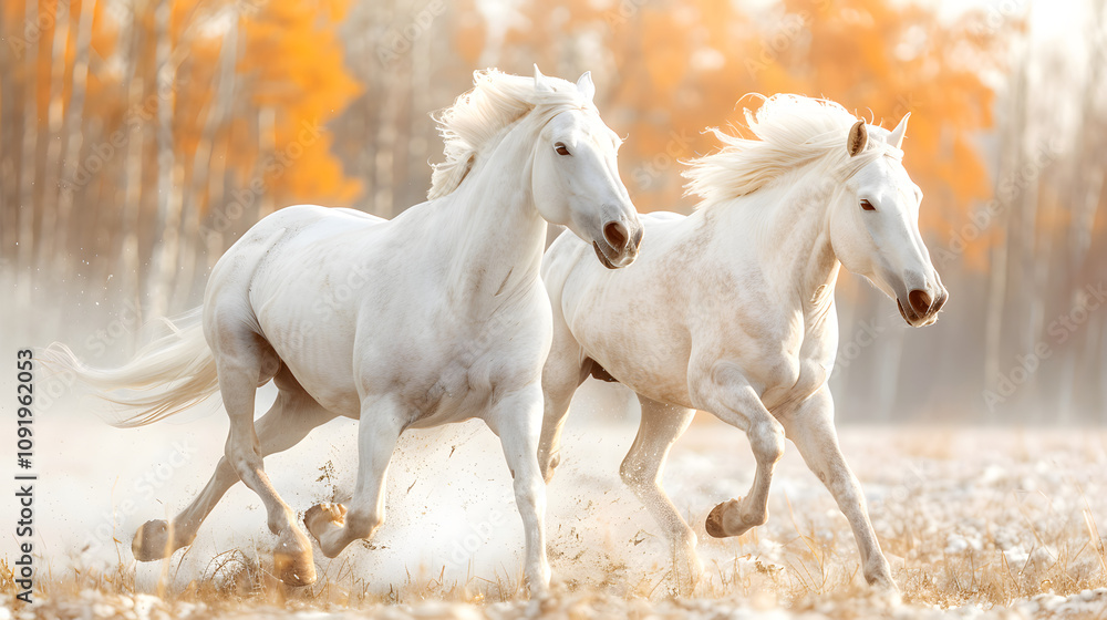 Obraz premium two white horses in winter run gallop with a white accent, png