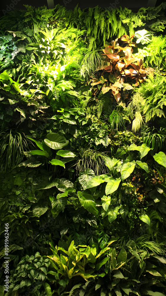 Lush Green Vertical Garden Wall, Indoor Plants, Biophilic Design, Natural Light, Greenery Background Lush Green Vertical Garden Wall, Indoor Plants, Biophilic Design, Natural Light, Greenery Background