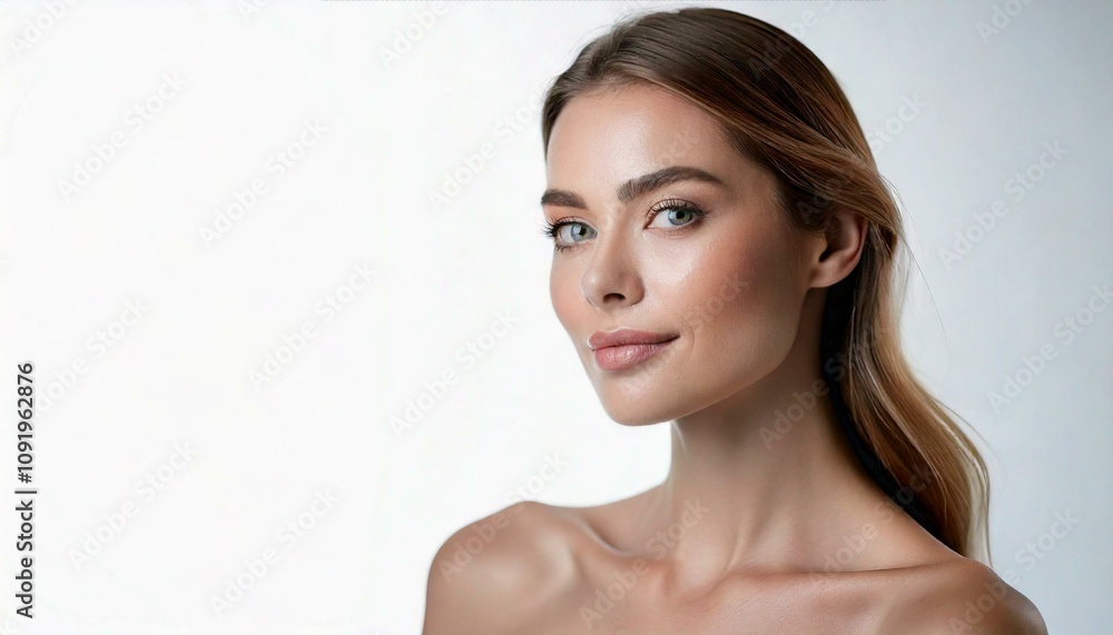 Beautiful young woman with clean perfect skin. Portrait of beauty skincare model with natural make up, isolated on a white background Beautiful young woman with clean perfect skin. Portrait of beauty skincare model with natural make up, isolated on a white background