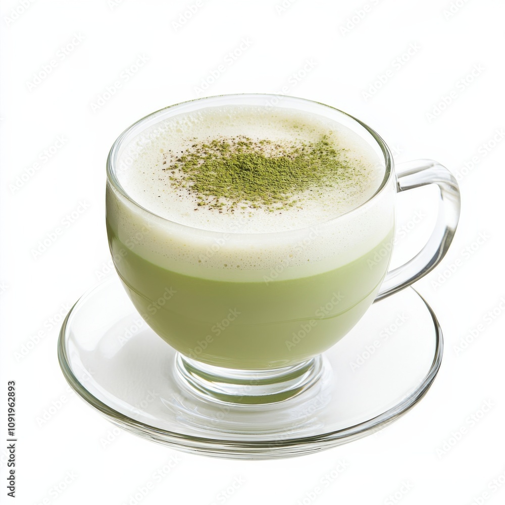 A creamy matcha latte with a dusting of matcha powder, served in a glass cup, isolated white background A creamy matcha latte with a dusting of matcha powder, served in a glass cup, isolated white background