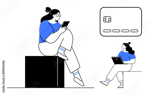 Two women using digital devices, one holding a phone sitting on a block, another with tablet sitting on the floor, credit card symbol. Ideal for fintech, e-commerce, online banking, remote work