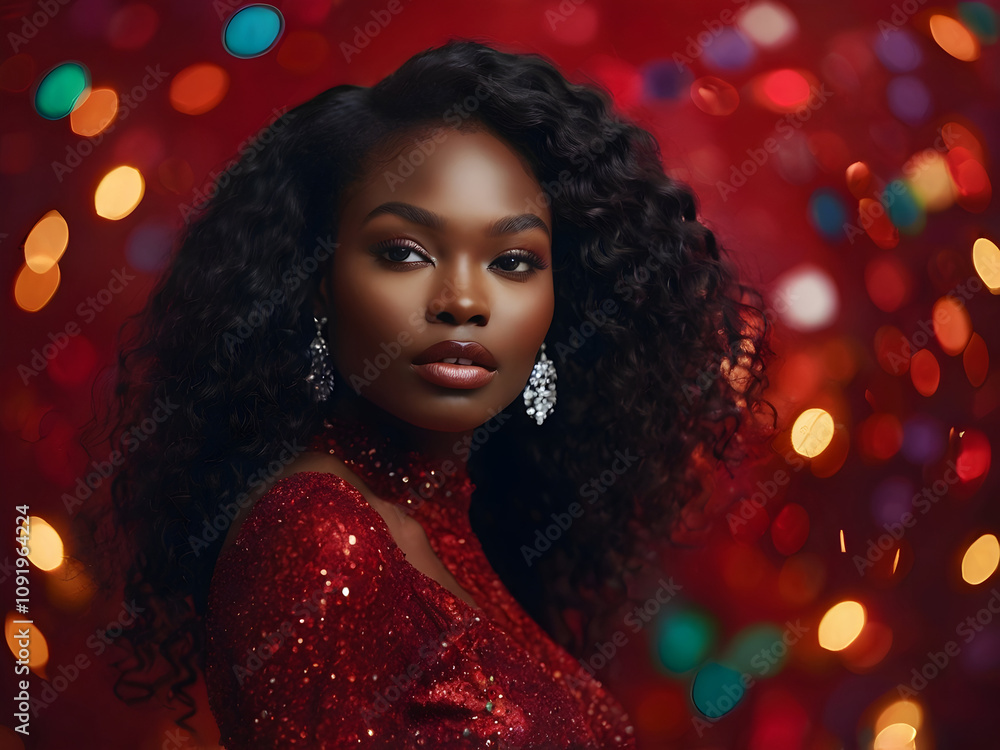 A Black model in a rich red dress with glittering accents, surrounded by a festive, vibrant background with soft, colorful blur effects. A Black model in a rich red dress with glittering accents, surrounded by a festive, vibrant background with soft, colorful blur effects.