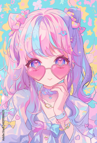 A kawaii-style illustration of an anime girl with pastel hair and pink heart-shaped sunglasseson  a background with stars and hearts. A cartoon vector style with vibrant colors photo