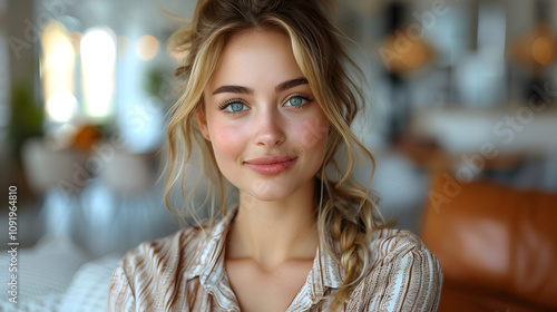 Wallpaper Mural photo of charming lovely woman wear trendy shirt work from home speak phone cozy flat room indoors with a white accent, png Torontodigital.ca