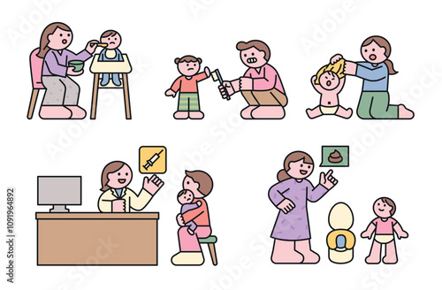Raising a baby. Feeding baby food, brushing teeth, dressing the baby, toilet training, preventive measures. outline simple vector illustration.