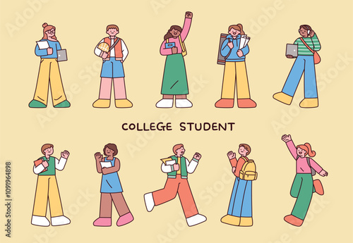 College student character set.outline simple vector illustration.