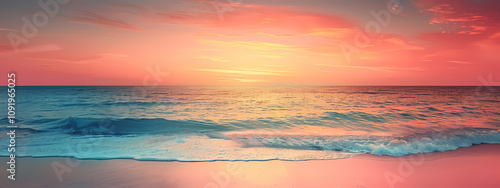 A serene sunset over the ocean, casting vibrant pink and orange hues across the sky and reflecting on gentle waves.