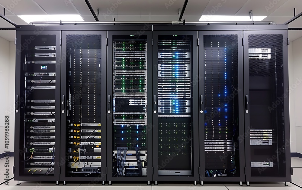 Fiber Optic cables connected to server racks in data center room Fiber Optic cables connected to server racks in data center room