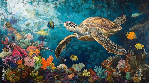 A colorful coral reef teeming with exotic fish and a majestic sea turtle.



