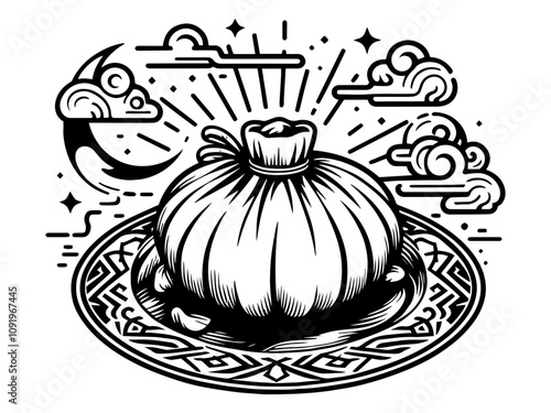 Khinkali, traditional dumpling illustration with decorative elements on white background. 