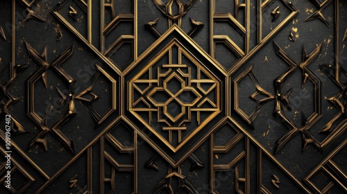 Arabic calligraphy in black and gold, intricate geometric patterns, minimalist design,