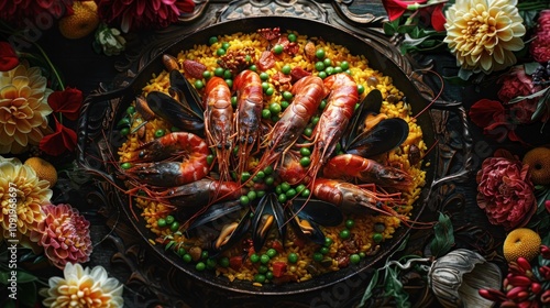 Delicious seafood paella with prawns, mussels, and peas, garnished with flowers. photo