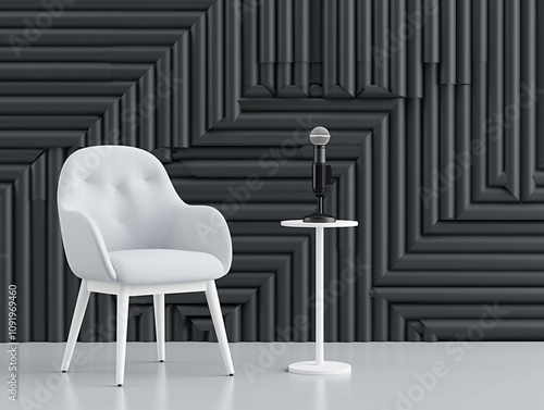 Podium with Microphone and Empty Chair