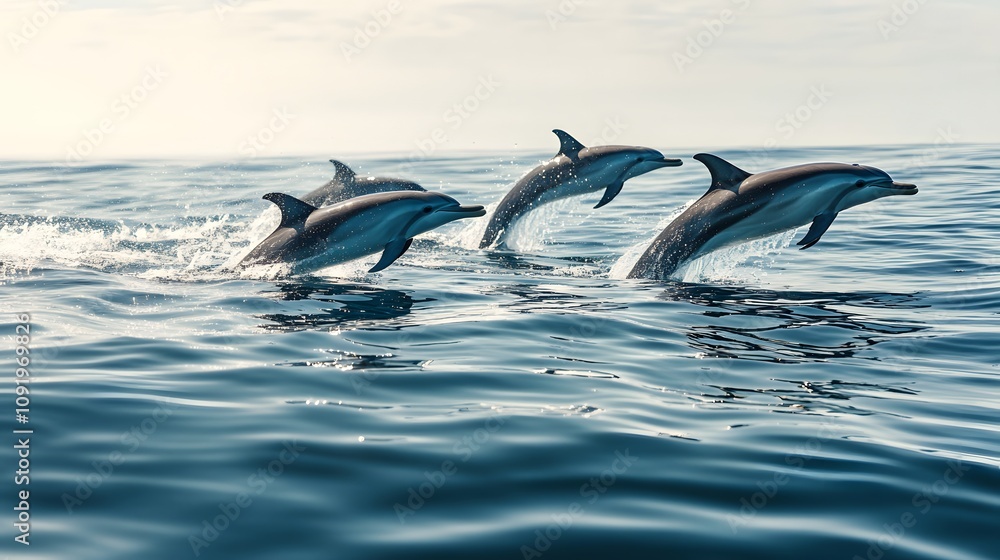 Naklejka premium A pod of dolphins leaping from crystal-clear ocean waters under a bright sunny sky.