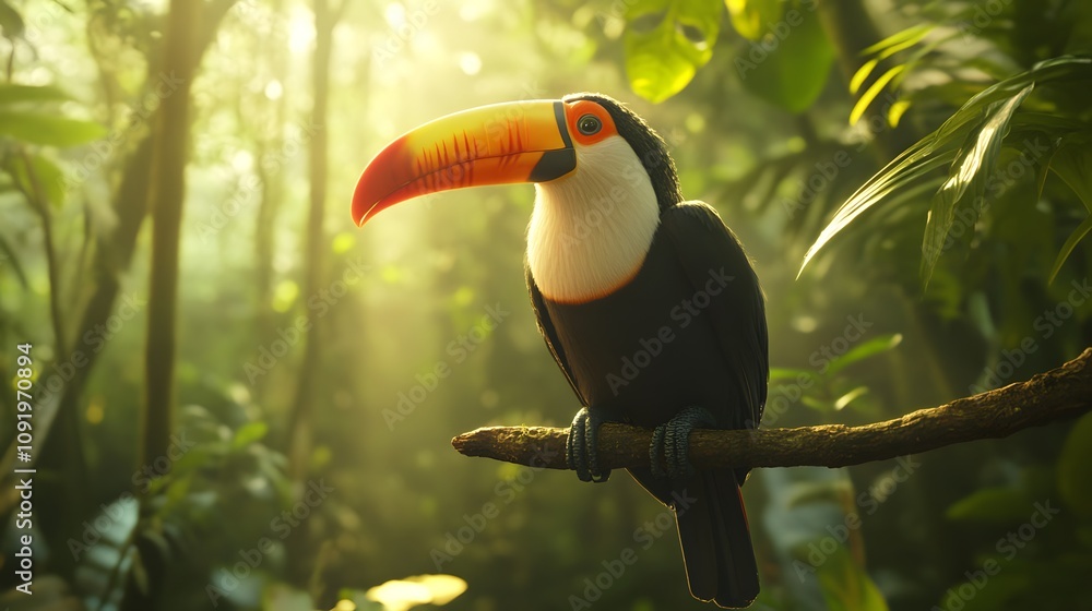 Obraz premium A toucan perched on a branch with its colorful beak shining.