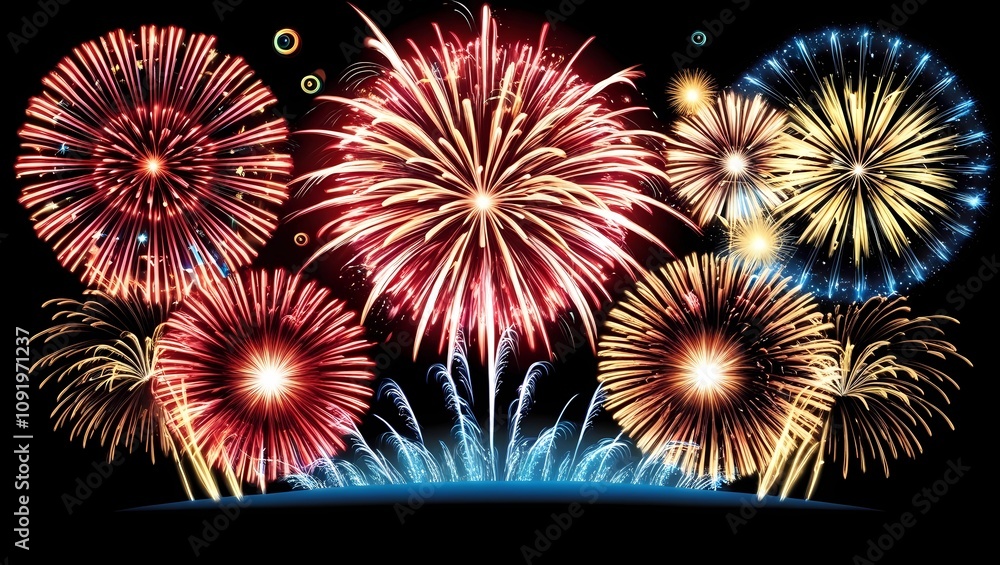Fototapeta premium Bright, colorful fireworks display, illustration of a spectacular fireworks show, painting the black sky with bursts of light