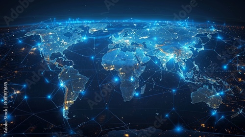 Global Communications Network, Internet Technology, Big Data Flow, Digital World Map Illustration photo