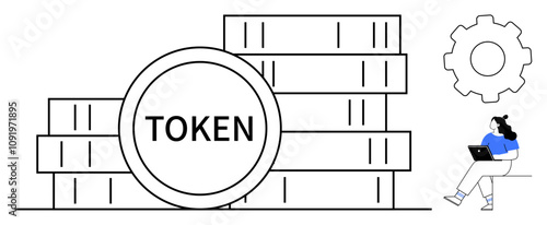 Stacked tokens with TOKEN text, large gear icon, and a woman using a laptop. Ideal for blockchain technology, digital finance, cryptocurrency trading, fintech solutions, online transactions, token