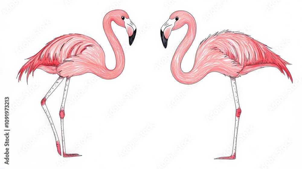 Obraz premium Adorable Illustration of Two Pink Flamingos Standing Side by Side with Detailed Feathers and Distinctive Beaks for Nature and Wildlife Themes
