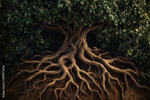 A vibrant illustration depicts a tree of life, with thick branches and deep roots symbolizing growth and connections among all living things. Generative AI photo