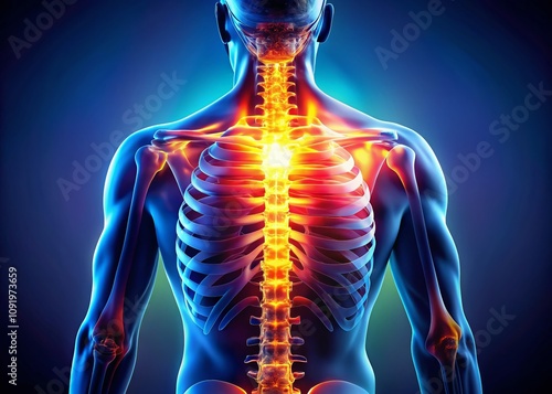 Wallpaper Mural A Stunning 3D Rendering of the Human Upper Torso with a Glowing Spinal Column and Ribcage, Emphasizing Areas of Heat and Pain in Night Photography Style Torontodigital.ca