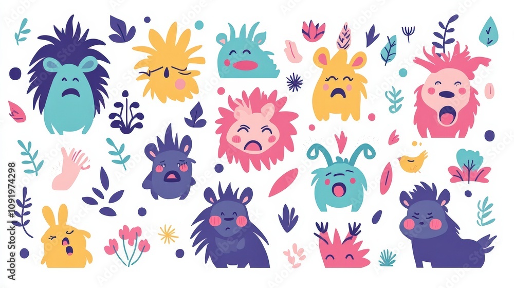 Fototapeta premium Colorful and Playful Cartoon Animals with Expressions Surrounded by Leaves and Flowers in a Fun and Whimsical Style for Kids and Creative Projects