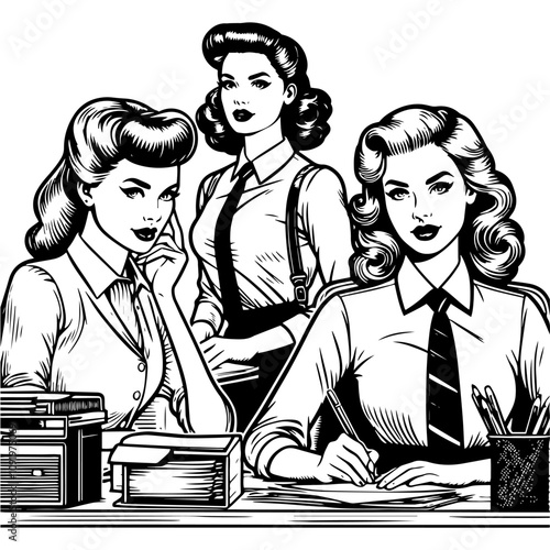 Retro illustration of four women working in an office setting. Generative ai.